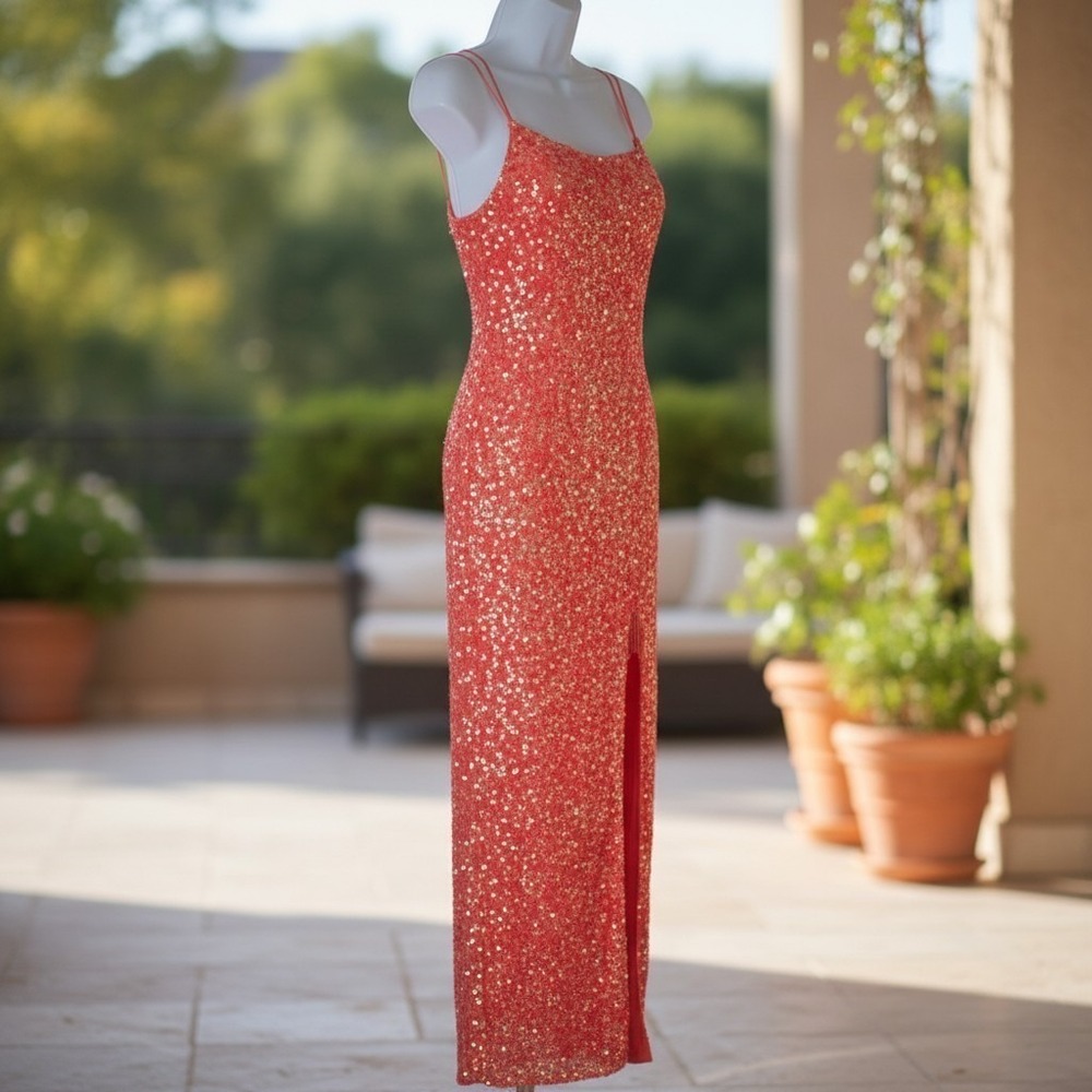 Sophia Thomas Sequin Gown 4 Coral Corset Slit Fringe Prom Pageant Special Event